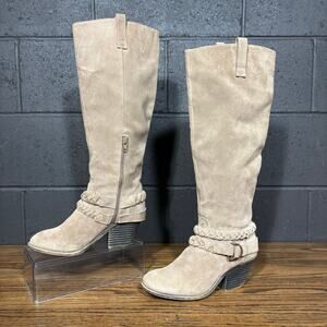 Sole Society Knee High Riding Boots Taupe Suede Braided Strap Women’s 7.5
